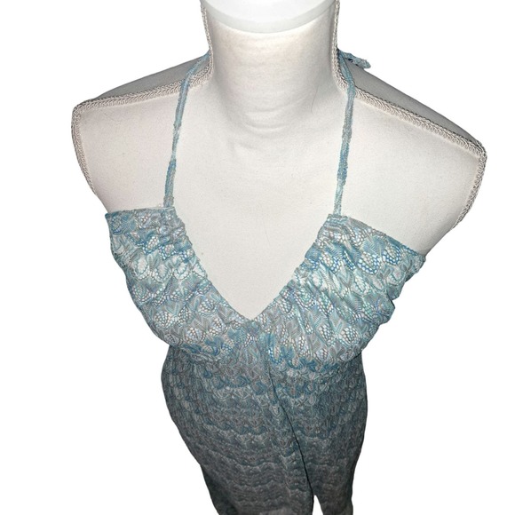 NWT- Sz L Gorgeous Aqua & Silver Knitted Low back Sleeveless Ruched Dress - Picture 8 of 13